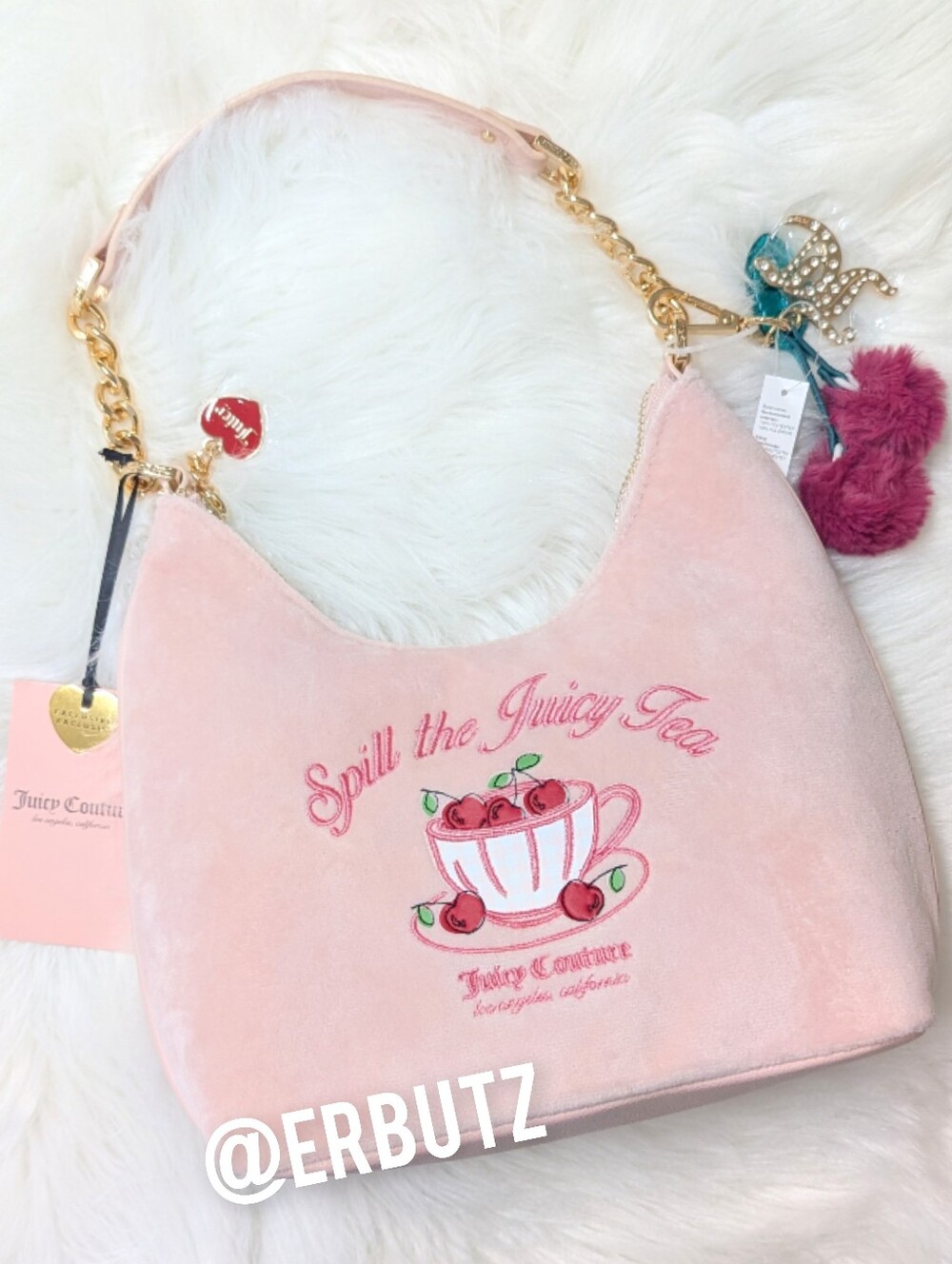 Juicy Couture SPILL THE JUICY TEA Embroidered Tea Party Hobo - 2 Cherry Charms🍒